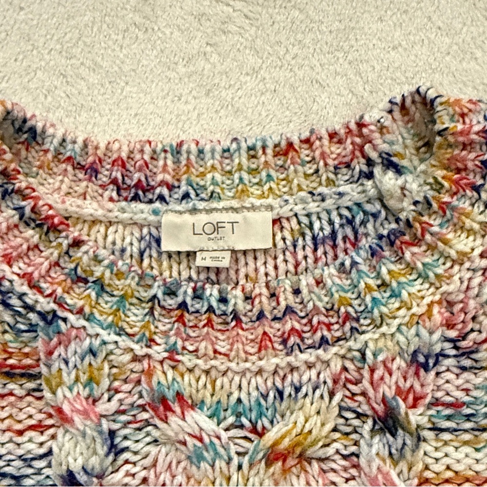 LOFT Multicolor Knit Sweater Size M Cozy Chunky Cable Knit Crewneck - Picture 7 of 15